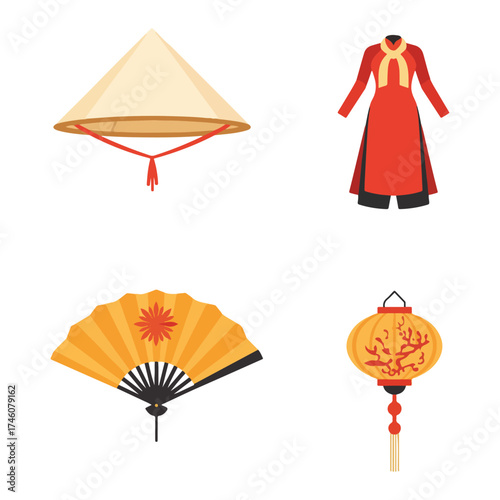 Traditional Vietnamese cultural icons: a conical hat, an ao dai dress, a folding fan, and a paper lantern.