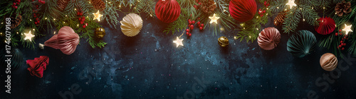 Merry Christmas banner.Honeycomb Christmas baubles, fir branches, and fairy l...