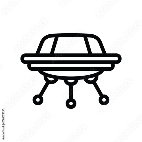 A black line drawing depicts a classic flying saucer with a rounded top horizontal lines and three landing gears