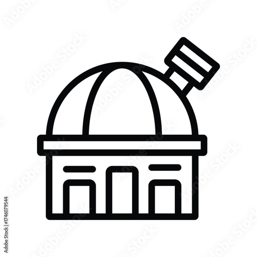 A black line drawing of an observatory composed of a domed roof and a rectangular base with openings An angled telescope is attached