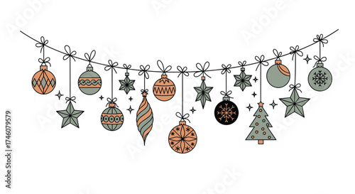A festive garland of decorative ornaments including baubles stars and snowflakes hanging on a string.