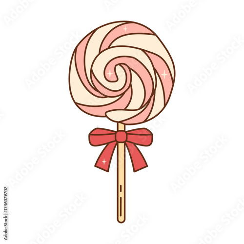 Pink and white spiral lollipop tied with a red ribbon. A classic sweet candy treat for kids and holidays.
