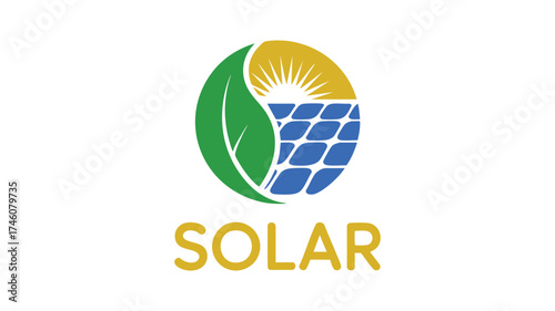 Eco-friendly solar energy logo with sun leaf and photovoltaic panel symbolizing green power