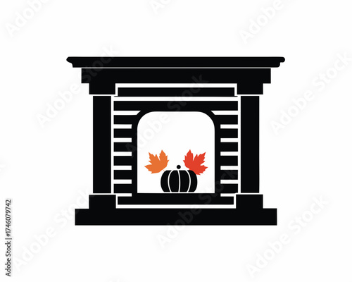 Rustic fireplace decorated with pumpkins and autumn leaves silhouette vector illustration 