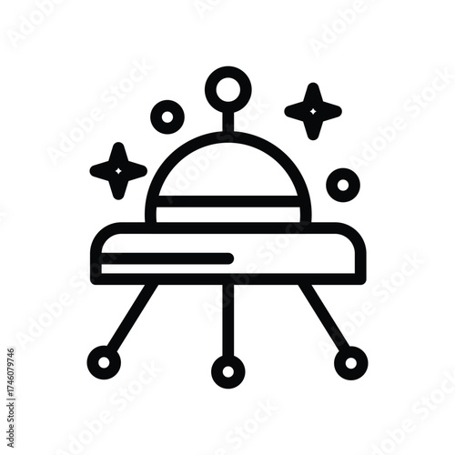 A black outline illustration of a spaceship The spaceship has a circular base and a dome on top Three legs extend from the base There are stars and circles around
