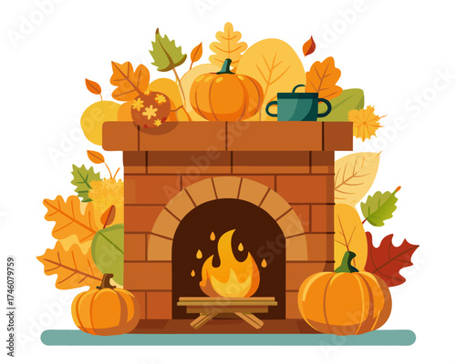 Rustic fireplace decorated with pumpkins and autumn leaves isolated on white background