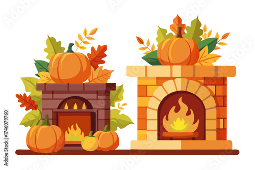 Rustic fireplace decorated with pumpkins and autumn leaves isolated on white background