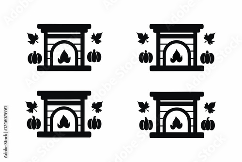 set of Rustic fireplace decorated with pumpkins and autumn leaves isolated on white background