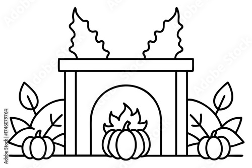 line art Rustic fireplace decorated with pumpkins and autumn leaves silhouette vector illustration 