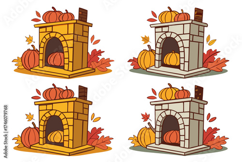 set of Rustic fireplace decorated with pumpkins and autumn leaves isolated on white background