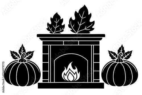 Rustic fireplace decorated with pumpkins and autumn leaves silhouette vector illustration 