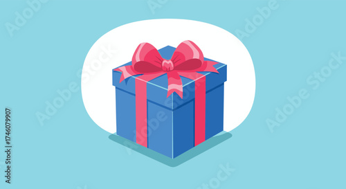 A beautifully wrapped blue gift box tied with a bright pink ribbon.