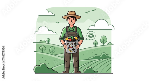 Illustration of a farmer with vegetables in a bucket emphasizing recycling and sustainability