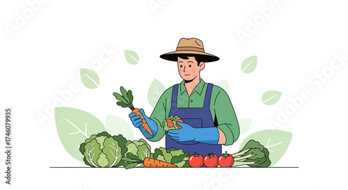 Illustration of a farmer with vegetables, showing the concept of healthy food