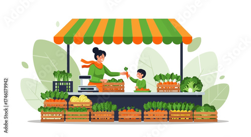 Illustration of a farmer's market vendor selling fresh vegetables and produce