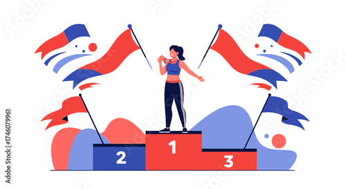 Illustration of a female athlete celebrating victory on podium with flags and medal