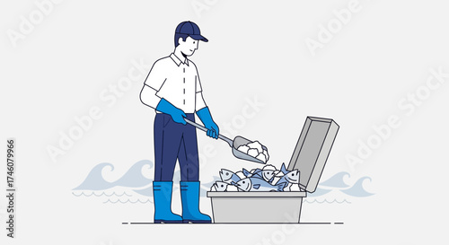 Illustration of a fisherman putting ice on the fish in a box on the sea