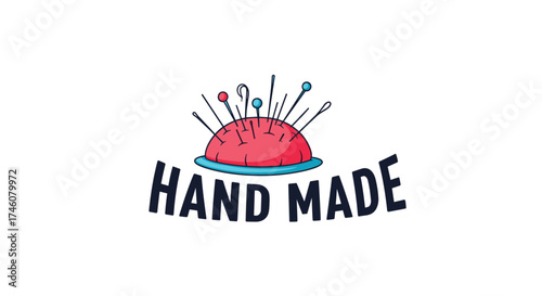 A close up of a pincushion with needles and the words hand made.