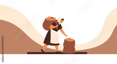 Illustration Of A Female With Potato Sacks And Rural Farming Scene In Earthy Tones