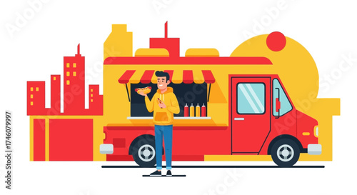 Illustration of a foodtruck and a person enjoying a hot dog in a city environment