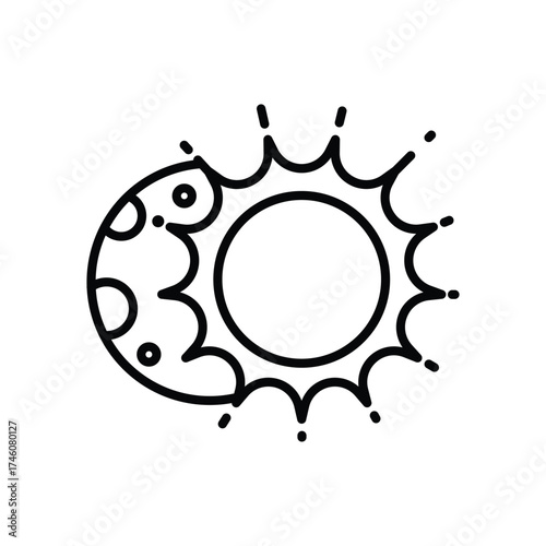 A blackandwhite illustration depicts a celestial object with a crescent next to a circle surrounded by jagged edges