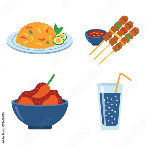 Indonesian cuisine icons featuring fried rice, satay, a spicy dish, and a soda.