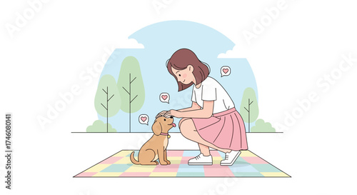 Illustration of a girl petting a dog outdoors on a sunny day showing affection