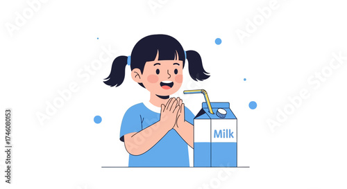 Illustration of a girl holding milk box with straw smiling looking cheerful and healthy