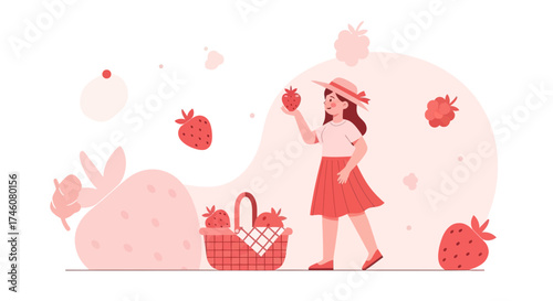 Illustration of a girl picking strawberries in a garden for healthy lifestyle concept