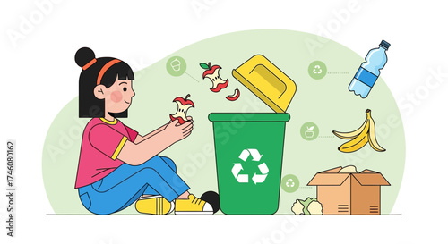 Illustration of a girl recycling food waste into a green recycle bin happily