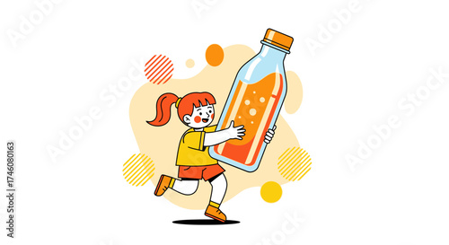 Illustration of a girl running happily while holding a large orange juice bottle.