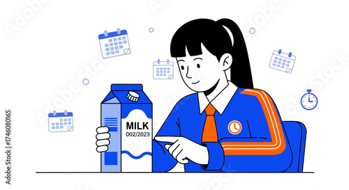 Illustration of a girl pointing to a milk carton that shows an expiration date  vector art