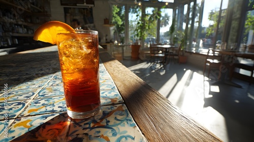 Refreshing Iced Tea with Orange Garnish on Sunlit Tiled Table