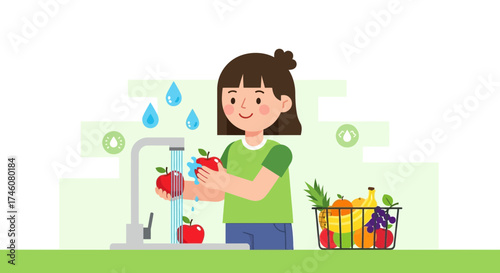 Illustration of a girl washing fruits for healthy eating and hygiene in the kitchen