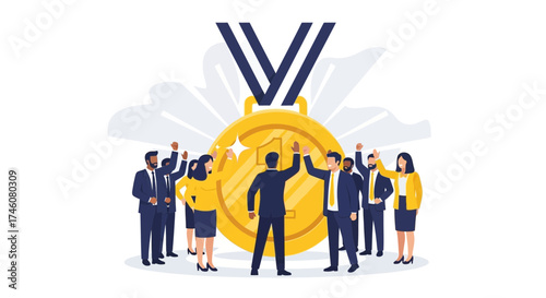 Illustration of a group celebrating winning the gold medal for business success