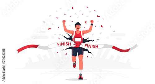 Illustration of a man celebrating victory at the finish line of a race