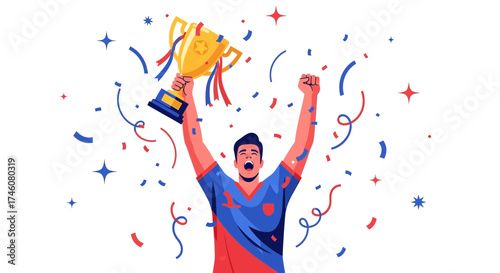 Illustration of a Man Celebrating Victory with a Trophy and Confetti on a White Background