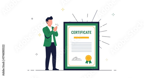 Illustration of a Man Clapping in Front of a Certificate Achievement, Celebrating Success