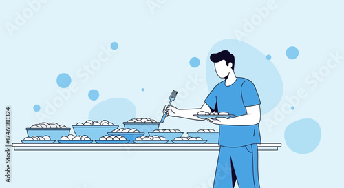 Illustration Of A Man Choosing Food From Buffet Table In Minimalist Style