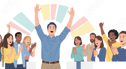 Illustration of a group of people celebrating success with a happy winner