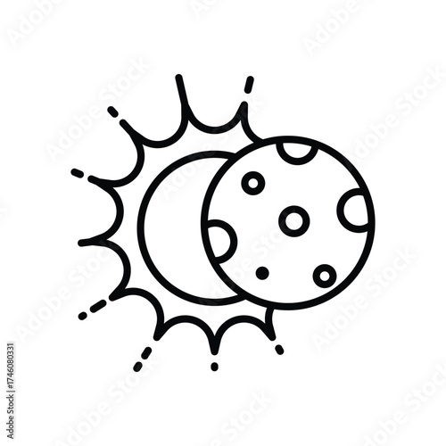 A blackoutlined illustration depicts a solar eclipse The sun is partially obscured by a celestial body with craters