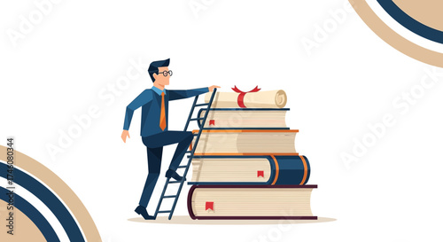 Illustration of a man climbing a ladder to reach knowledge and a diploma