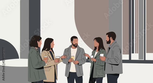 Illustration of a group of people socializing and drinking in a modern setting