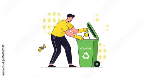 Illustration of a Man Composting Food Waste into a Green Compost Bin Outdoors