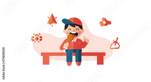 Illustration of a happy boy sitting and eating fried chicken on a bench with some icons