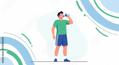 Illustration of a man drinking water after exercise hydrating healthy lifestyle sport fitness
