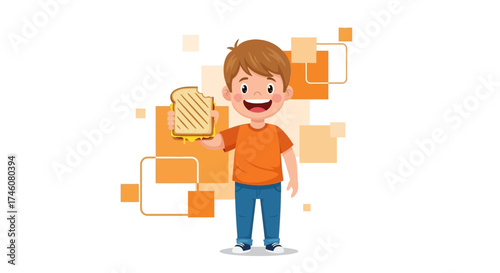 Illustration of a happy boy eating a sandwich holding it with his face, happy