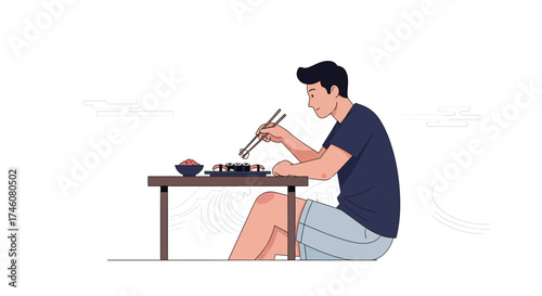 Illustration of a man enjoying sushi using chopsticks at a table ready to eat