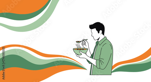 Illustration Of A Man Enjoying His Meal, Eating Delicious Soup With Delightful Flavors