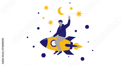 Illustration Of A Man Flying On A Rocket In Space Representing Ideas and Success